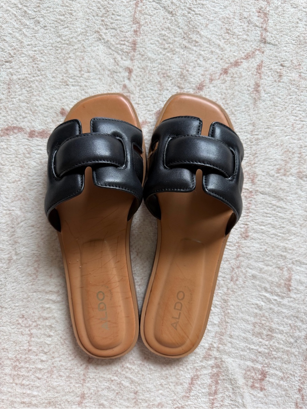 Aldo Black Leather Slide Mules with Tan Footbed